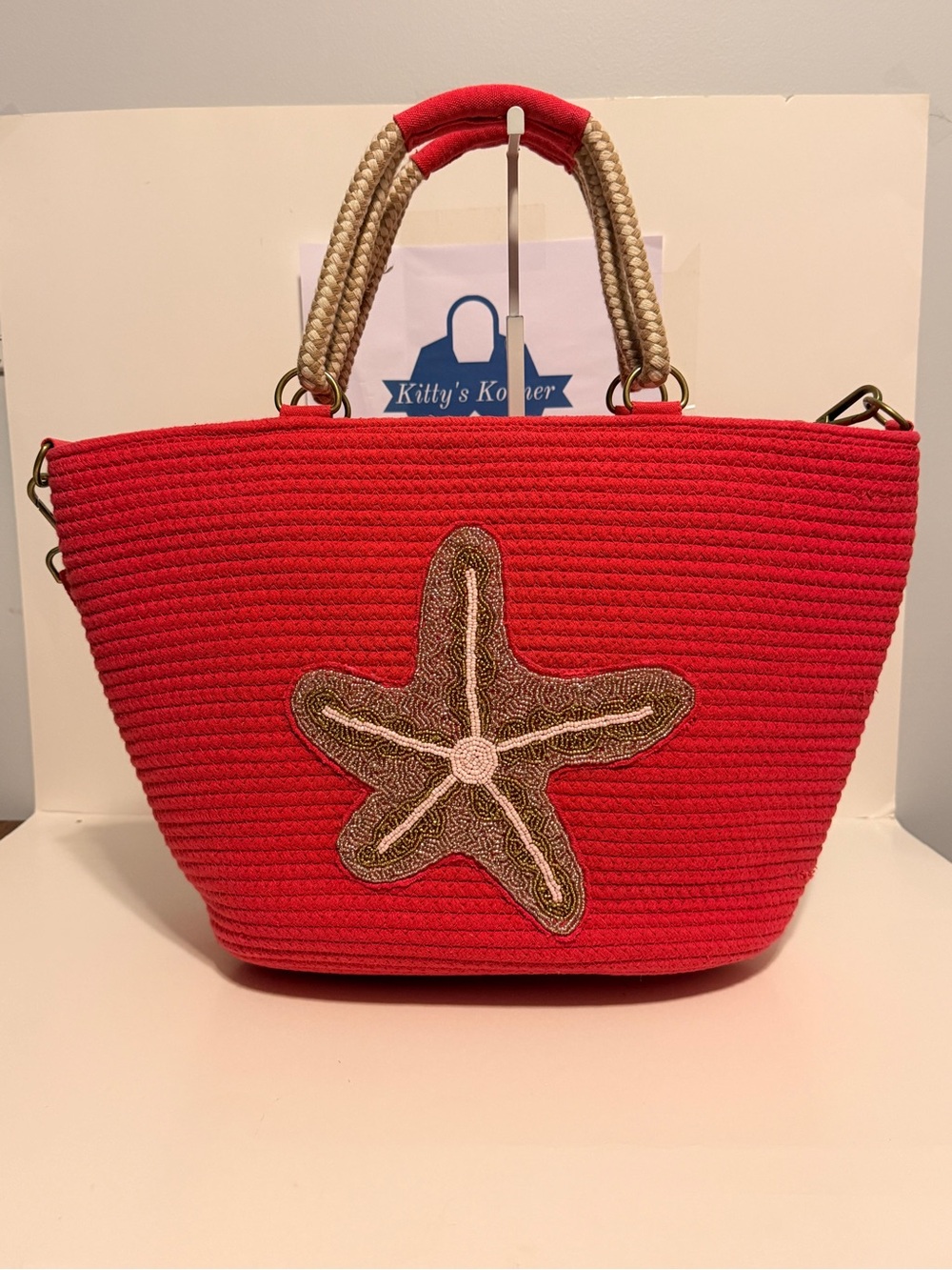 NWOT America & Beyond Woven Fabric w/Beaded Starfish Beach -Fuchsia-PinkTote Bag